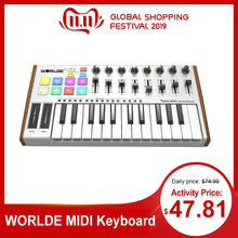 Load image into Gallery viewer, WORLDE TUNA MINI Ultra-Portable 25-Key USB MIDI Keyboard Controller 8 RGB Backlit Trigger Pads with 6.35mm Pedal Jack