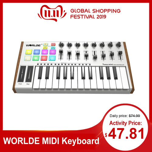 WORLDE TUNA MINI Ultra-Portable 25-Key USB MIDI Keyboard Controller 8 RGB Backlit Trigger Pads with 6.35mm Pedal Jack