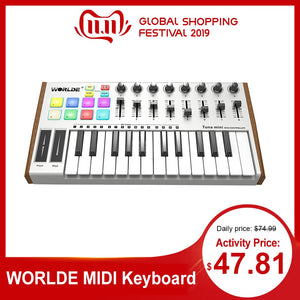 WORLDE TUNA MINI Ultra-Portable 25-Key USB MIDI Keyboard Controller 8 RGB Backlit Trigger Pads with 6.35mm Pedal Jack